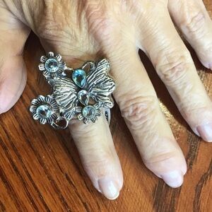 Huge Sterling Silver & Blue Topaz Butterfly Ring